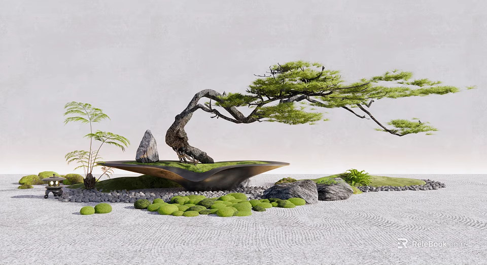Bonsai Pine Tree with Stones Moss and Small Plants in Japanese Style Gravel Garden 3d model 