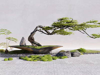 Bonsai Pine Tree with Stones Moss and Small Plants in Japanese Style Gravel Garden 3d model