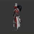Creature Inspired Warrior Character In Red Armor With Horns And Swords