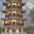 Ancient Architecture Multi Tiered Pagoda With Mountainous Backdrop Stone Steps And Palm Trees