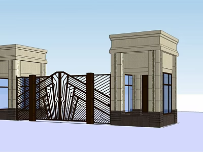 Elegant Entrance Gate With Twin Stone Pillars And Wrought Iron Decorative Design 3d model