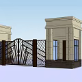 Elegant Entrance Gate With Twin Stone Pillars And Wrought Iron Decorative Design