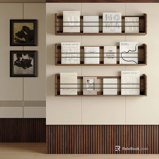Modern Wall Mounted Shelving Unit With Books And Framed Art On Neutral Wall 3d model 