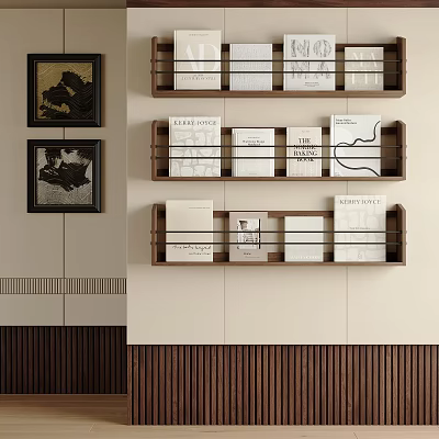 Modern Wall Mounted Shelving Unit With Books And Framed Art On Neutral Wall 3d model