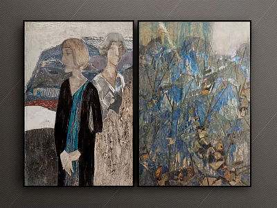 Two Framed Art Paintings With Figure Portraits And Abstract Blue Design On Gray Wall 3d model