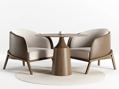 Modern Two-Chair Round Wooden Table Set with White Item on Light Round Rug 3d model
