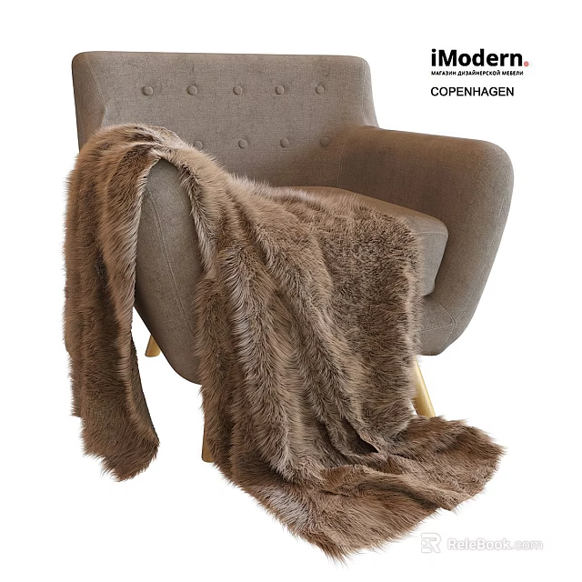 Cozy Scandinavian Accent Chair With Gray Button Tufted Design Brown Fur Throw And Gold Legs 3d model 