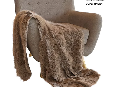 Cozy Scandinavian Accent Chair With Gray Button Tufted Design Brown Fur Throw And Gold Legs 3d model