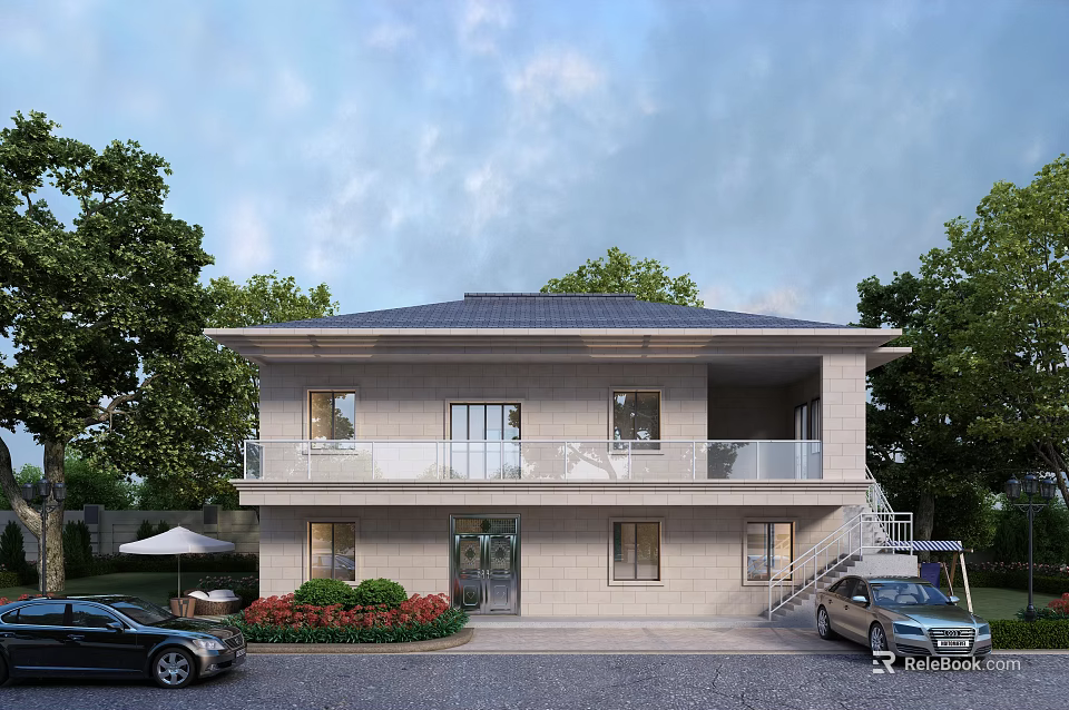 Two Story Detached Villa Exterior With Front Garden Trees And Parked Cars 3d model 