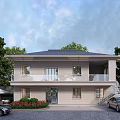 Two Story Detached Villa Exterior With Front Garden Trees And Parked Cars