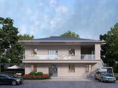 Two Story Detached Villa Exterior With Front Garden Trees And Parked Cars 3d model
