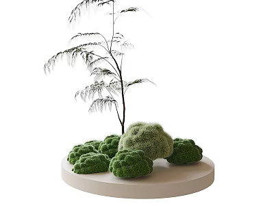 Green Plants Arrangement On Round Platform With Tree And Mossy Shrubs 3d model