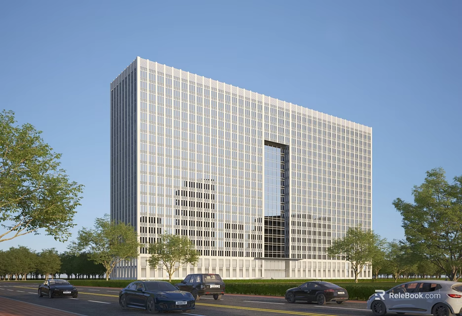 Modern Office Building with Glass Facade and Trees Along Street with Vehicles 3d model 