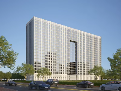 Modern Office Building with Glass Facade and Trees Along Street with Vehicles 3d model