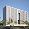 Modern Office Building with Glass Facade and Trees Along Street with Vehicles