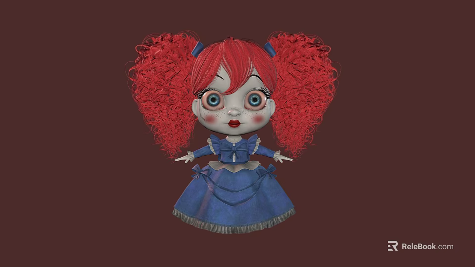 Woman Doll With Red Curly Hair Pigtails Blue Eyes And Blue Dress Against Brown Background 3d model 