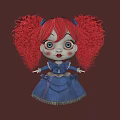 Woman Doll With Red Curly Hair Pigtails Blue Eyes And Blue Dress Against Brown Background