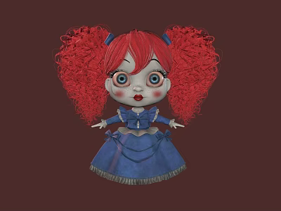 Woman Doll With Red Curly Hair Pigtails Blue Eyes And Blue Dress Against Brown Background 3d model