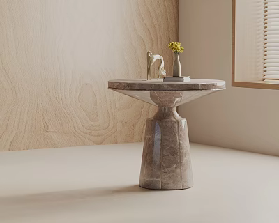 Modern Marble Top Side Table with Stone Cylindrical Base and Decorative Vase with Yellow Flowers 3d model