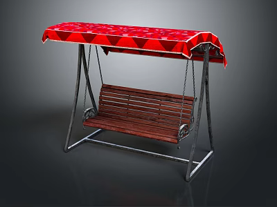 Outdoor Swing Chair With Red Canopy Wooden Bench Seat And Metal Frame 3d model