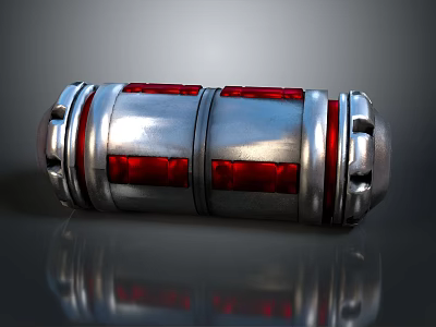 Shiny Metallic Cylindrical Tech Component With Red Panels And Silver Rings 3d model