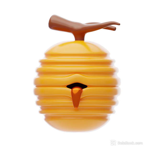 Yellow Honeycomb Shaped Decorative Object With Brown Branch Handle And Bird Beak Opening 3d model 
