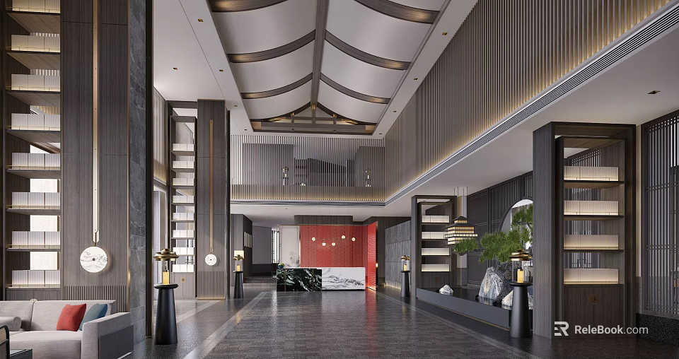 Hotel Lobby With Modern Chinese Design High Ceiling Wooden Walls Reception And Green Plant Decorations 3d model 