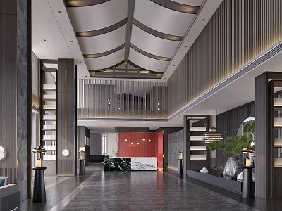 Hotel Lobby With Modern Chinese Design High Ceiling Wooden Walls Reception And Green Plant Decorations 3d model