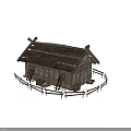 Ancient Traditional Wooden Building With Tile Roof Wooden Fence And Interior Structure