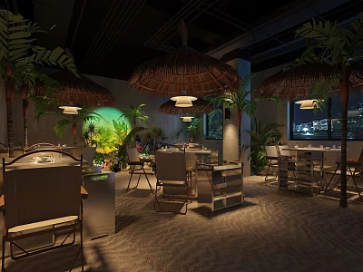 Tropical Themed Restaurant Interior With Thatched Umbrellas And Lush Green Plants 3d model