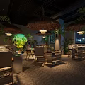 Tropical Themed Restaurant Interior With Thatched Umbrellas And Lush Green Plants