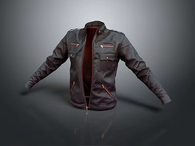 Black Leather Jacket With Red Lining Multiple Zippers And Functional Pockets 3d model