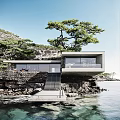Cliffside Detached Villa with Stone Walls Large Windows and Pine Trees Near Waterfront