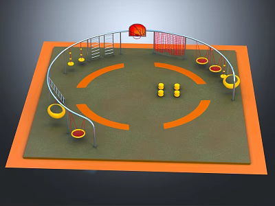 Colorful Playground Equipment With Circular Structure Ladder Swings Rings Yellow Components And Orange Ground Markers 3d model