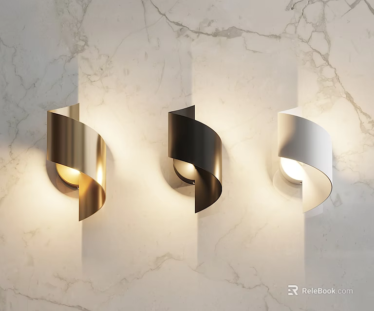 Modern Spiral Design Wall Lamps in Gold Black Silver on Marble Wall with Warm Light 3d model 