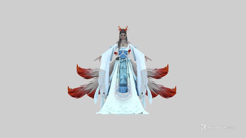 Game And Movie Character With White Robe Red Fox Tails And Blue Decorations 3d model 