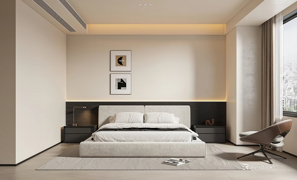 Minimalist Bedroom Interior With White Bed Headboard Wall Nightstands Table Lamps And Framed Art 3d model 