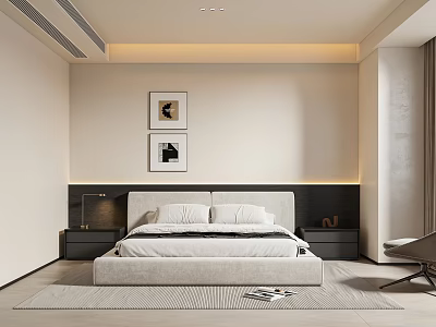 Minimalist Bedroom Interior With White Bed Headboard Wall Nightstands Table Lamps And Framed Art 3d model