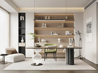 Study Single Chair Desk Casual Sofa Bookcase Decorative Ornaments Hanging Painting Chandelier 3d model