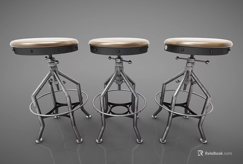 Three Industrial Style Bar Stools With Metal Frame And Leather Seat 3d model 