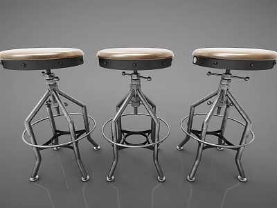 Three Industrial Style Bar Stools With Metal Frame And Leather Seat 3d model