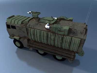 Green Armored Military Truck with Multiple Tires Antenna and Weapon Mounts 3d model