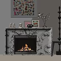 Marble Fireplace With Burning Fire Framed Art And Vase On Mantel 3d model
