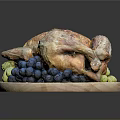 Golden Brown Roasted Chicken Served on Wooden Plate with Blue and Green Grapes
