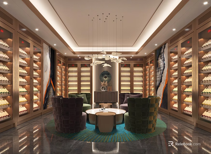 Luxury Showroom Interior Design With Wooden Display Cabinets And Comfortable Sofas 3d model 