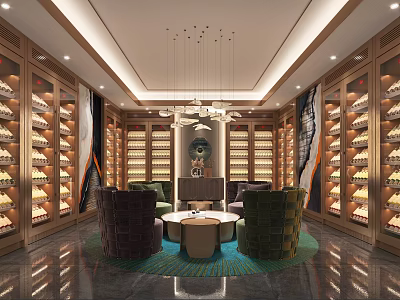 Luxury Showroom Interior Design With Wooden Display Cabinets And Comfortable Sofas 3d model