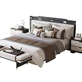 Double Bed with Dark Headboard Multiple Pillows Bedding Nightstands and Footstool 3d model
