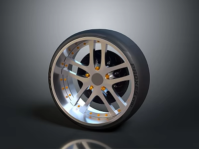 Car Wheel Featuring Silver Rim Design Black Tire And Yellow Bolts 3d model