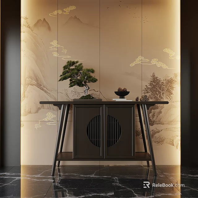 Chinese Style Entryway Side Cabinet With Decorative Plants And Wall Patterns 3d model