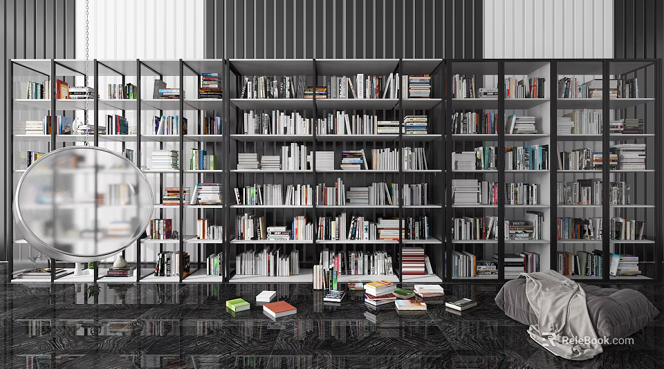 Modern Bookcase Interior With Black Frame Glass Doors Numerous Books And Marble Floor 3d model 